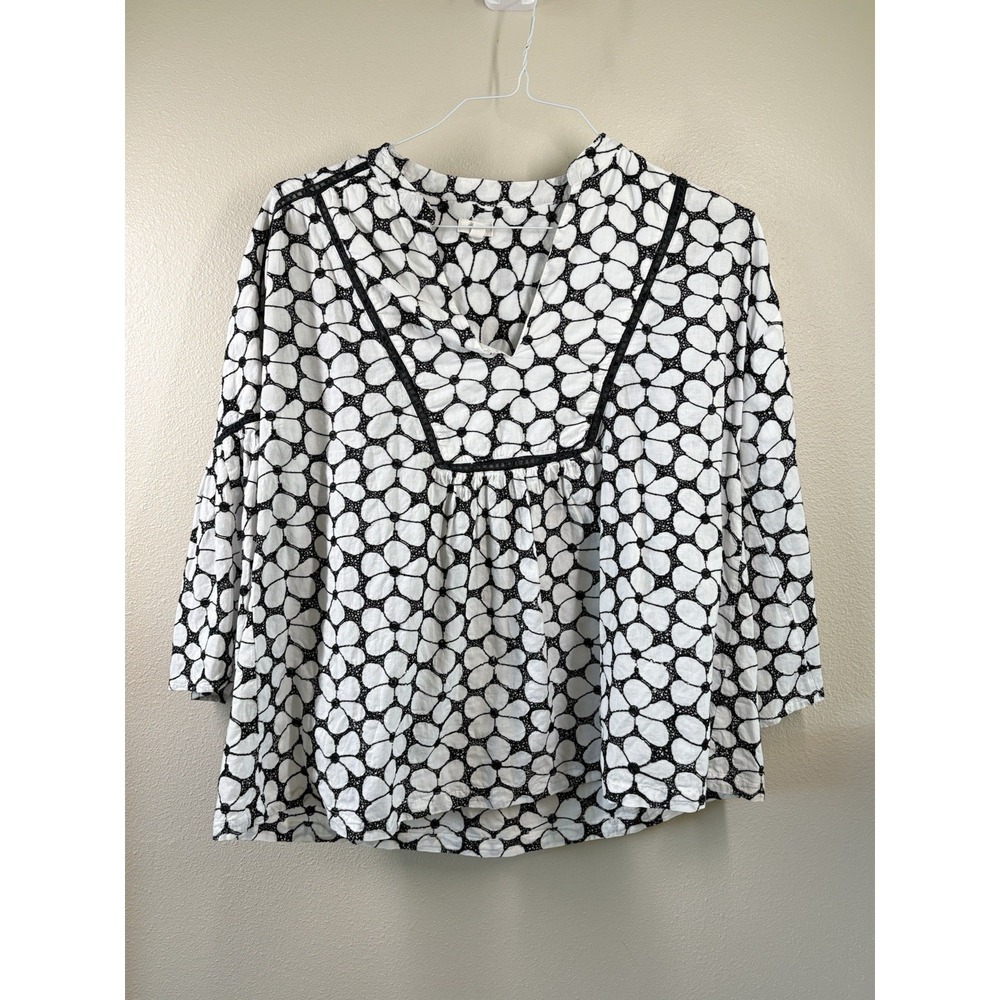 Kyla Seo Black & White Floral  100% Cotton Blouse Women's Size M Summer Sheer
